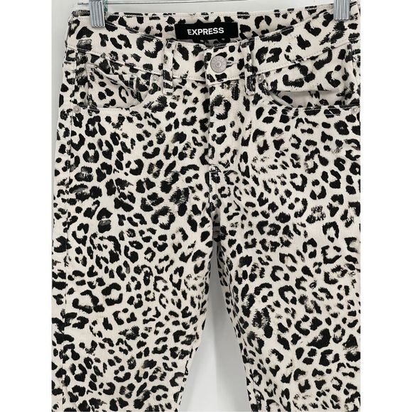Express Jeans Cheetah Leopard Women 28 Waist 0 Skinny Mid Rise Off White Black - Picture 3 of 14